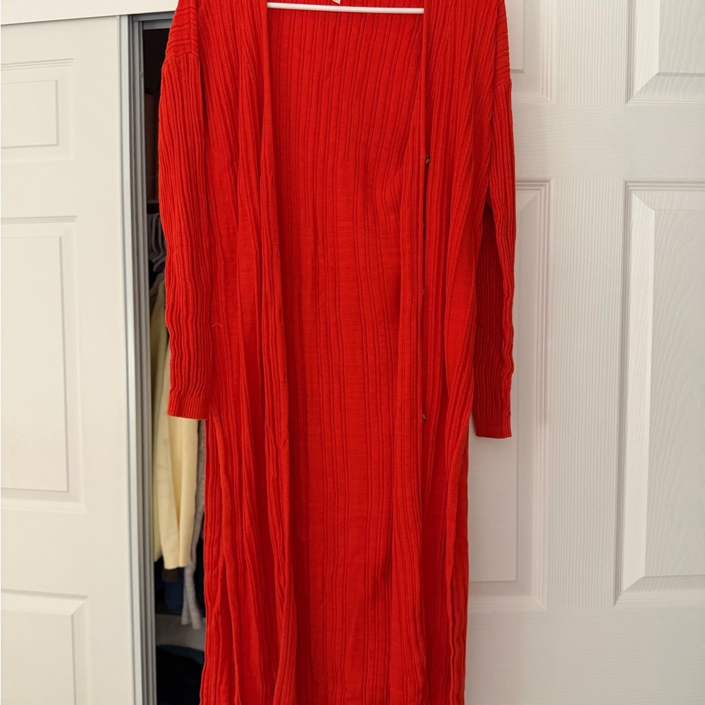 Free People Bright Red Ribbed Long Cardigan